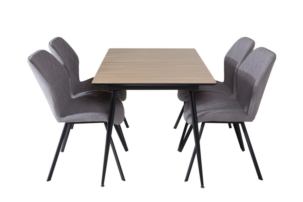 SilarWOExt matgrupp matbord utdragbart bord längd cm 120 / 160 el träd dekor och 4 Gemma matstola grå.