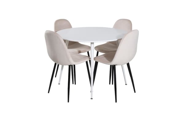 PlazaWHWH100 spisebordssæt spisebord hvid og 4 Polar stole velour beige.