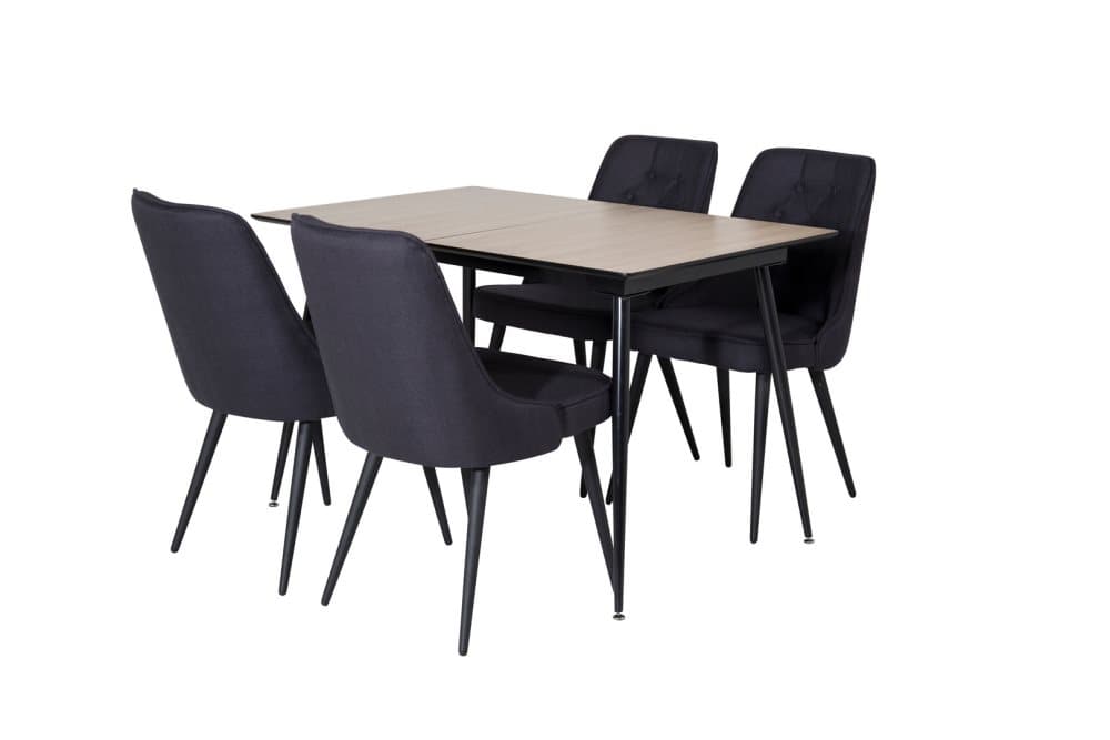 SilarWOExt matgrupp matbord utdragbart bord längd cm 120 / 160 el träd dekor och 4 Velvet Deluxe matstola svart.