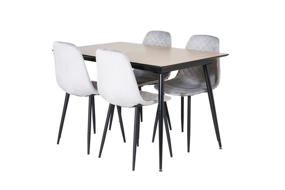 SilarWOExt matgrupp matbord utdragbart bord längd cm 120 / 160 el träd dekor och 4 Polar Diamond matstola velour grå.