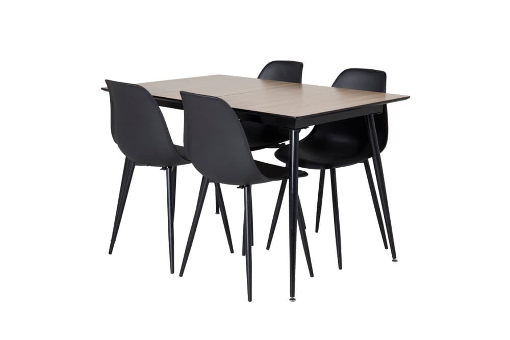 SilarWOExt matgrupp matbord utdragbart bord längd cm 120 / 160 el träd dekor och 4 Polar matstola svart.