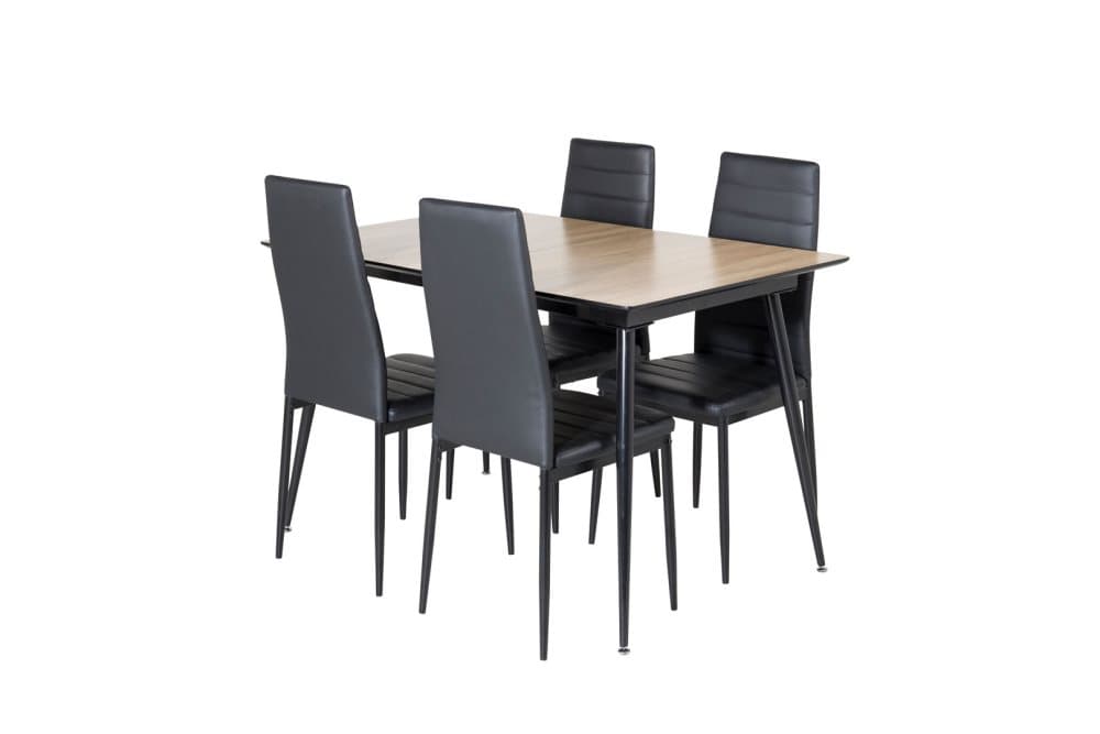 SilarWOExt matgrupp matbord utdragbart bord längd cm 120 / 160 el träd dekor och 4 Slim High Back matstola PU konstläder svart.