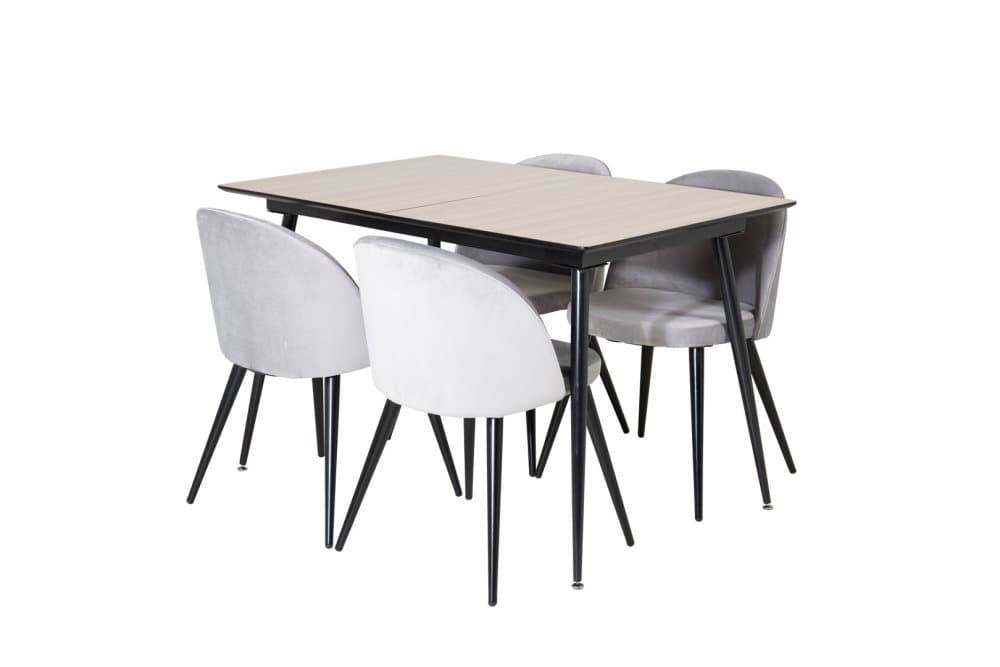 SilarWOExt matgrupp matbord utdragbart bord längd cm 120 / 160 el träd dekor och 4 Velvet matstola velour ljusgrått.