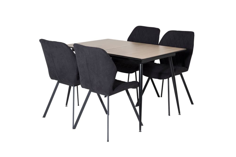 SilarWOExt matgrupp matbord utdragbart bord längd cm 120 / 160 el träd dekor och 4 Gemma matstola svart.
