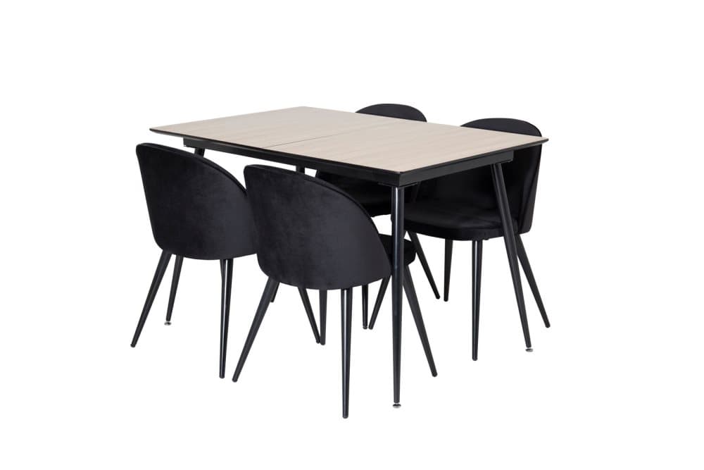 SilarWOExt matgrupp matbord utdragbart bord längd cm 120 / 160 el träd dekor och 4 Velvet matstola velour svart.