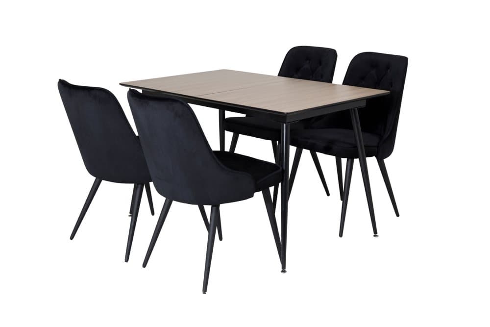 SilarWOExt matgrupp matbord utdragbart bord längd cm 120 / 160 el träd dekor och 4 Velvet Deluxe matstola velour svart.