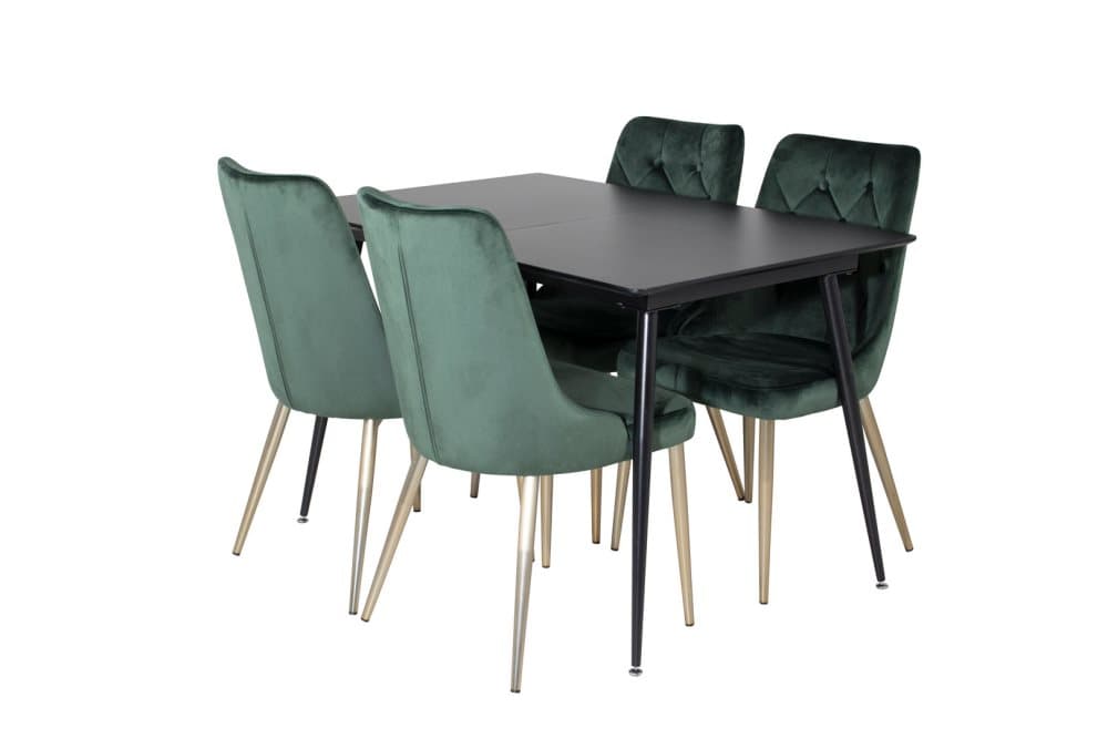 SilarBLExt matgrupp matbord utdragbart bord längd cm 120 / 160 svart och 4 Velvet Deluxe matstola velour grön, mässing dekor.
