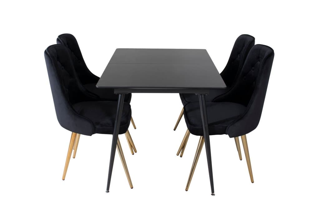 SilarBLExt matgrupp matbord utdragbart bord längd cm 120 / 160 svart och 4 Velvet Deluxe matstola velour svart, mässing dekor.