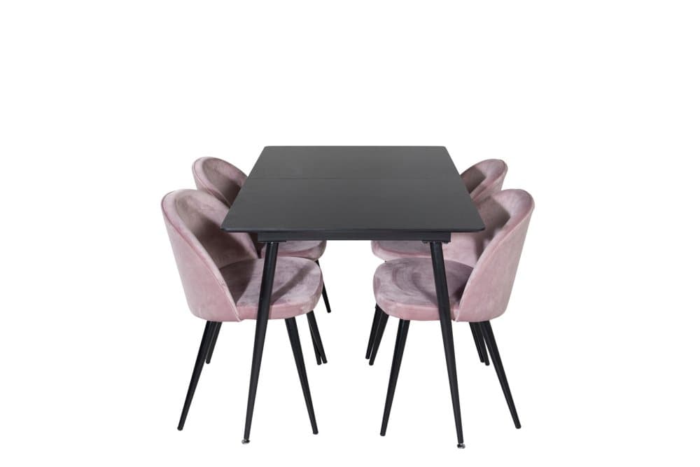 SilarBLExt matgrupp matbord utdragbart bord längd cm 120 / 160 svart och 4 Velvet matstola velour rosa, svart.