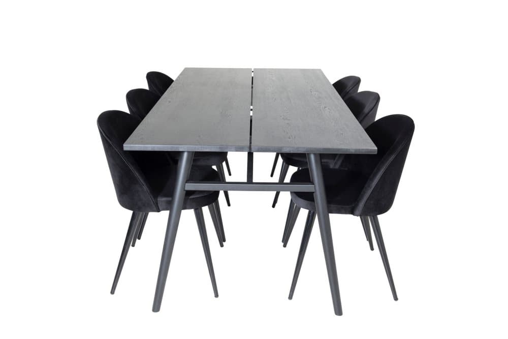 Sleek matgrupp matbord utdragbart bord längd cm 195 / 280 svart och 6 Velvet matstola velour svart.