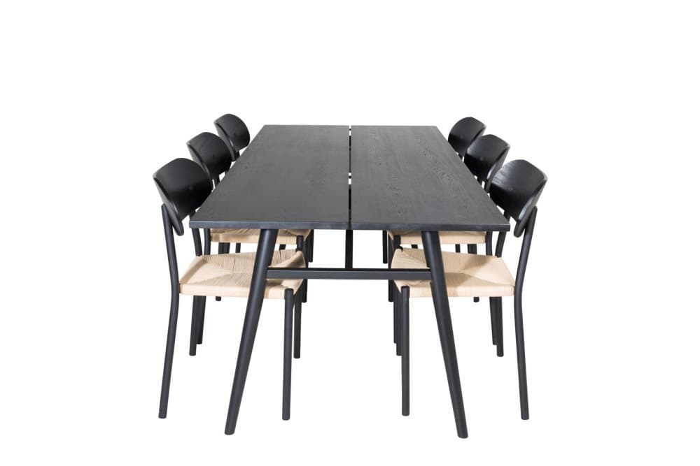 Sleek matgrupp matbord utdragbart bord längd cm 195 / 280 svart och 6 Polly matstola natur, svart.
