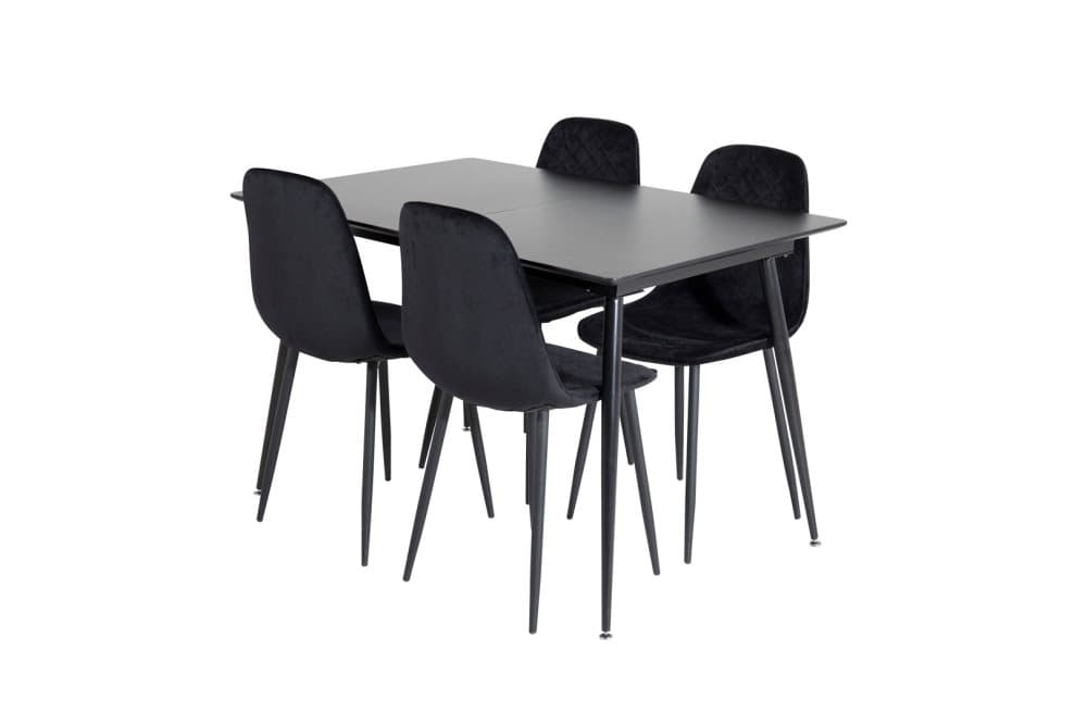 SilarBLExt matgrupp matbord utdragbart bord längd cm 120 / 160 svart och 4 Polar Diamond matstola velour svart.