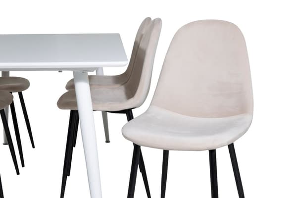 Polar180X90WHWH spisebordssæt spisebord hvid og 6 Polar stole velour beige.
