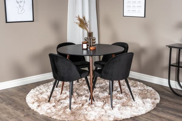 PlazaBLWA100 matgrupp matbord svart och 4 Velvet matstola velour svart.