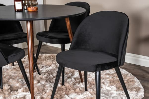 PlazaBLWA100 matgrupp matbord svart och 4 Velvet matstola velour svart.