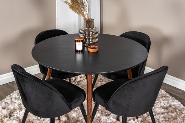 PlazaBLWA100 matgrupp matbord svart och 4 Velvet matstola velour svart.