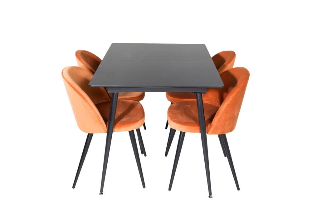 SilarBLExt matgrupp matbord utdragbart bord längd cm 120 / 160 svart och 4 Velvet matstola velour orange, svart.