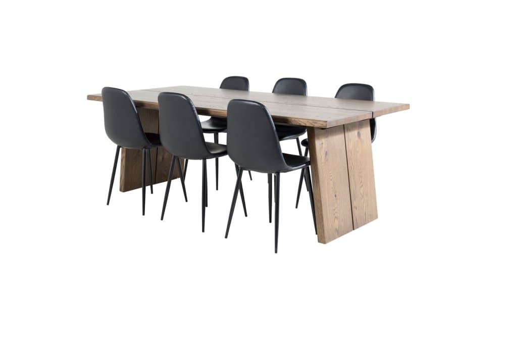Logger matgrupp matbord utdragbart bord längd cm 210 / 310 rökig ekträd och 6 Polar matstola PU konstläder svart PU konstläder.
