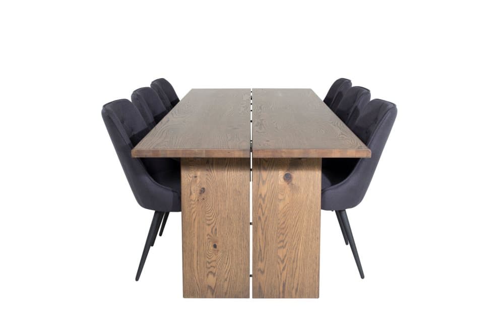 Logger matgrupp matbord utdragbart bord längd cm 210 / 310 rökig ekträd och 6 Velvet Deluxe matstola svart.