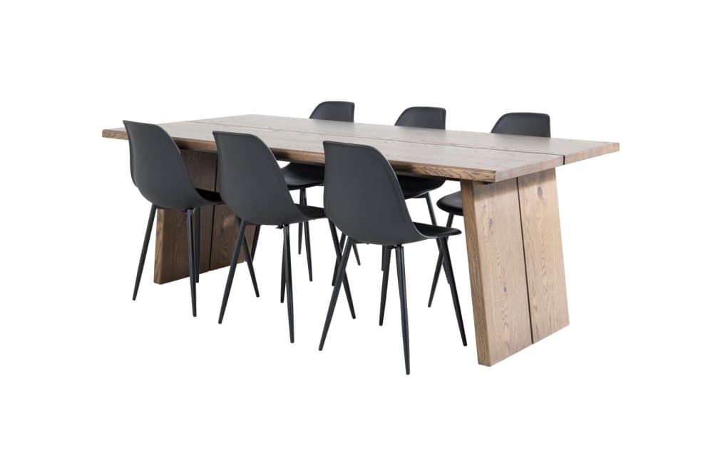 Logger matgrupp matbord utdragbart bord längd cm 210 / 310 rökig ekträd och 6 Polar matstola svart.