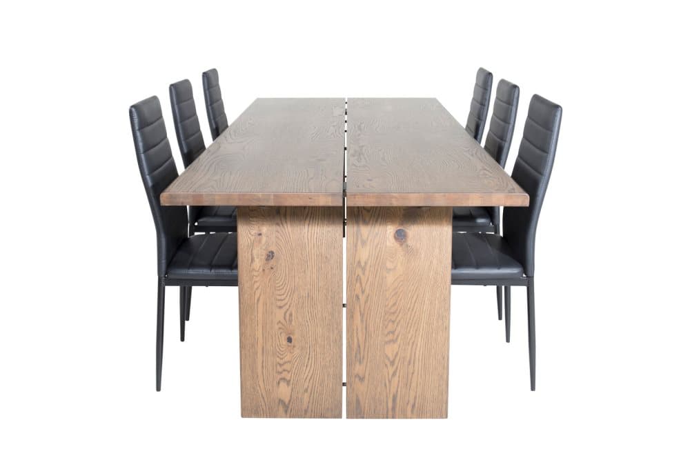 Logger matgrupp matbord utdragbart bord längd cm 210 / 310 rökig ekträd och 6 Slim High Back matstola PU konstläder svart.