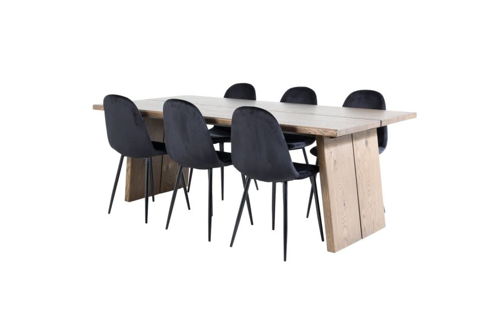 Logger matgrupp matbord utdragbart bord längd cm 210 / 310 rökig ekträd och 6 Polar matstola velour svart.