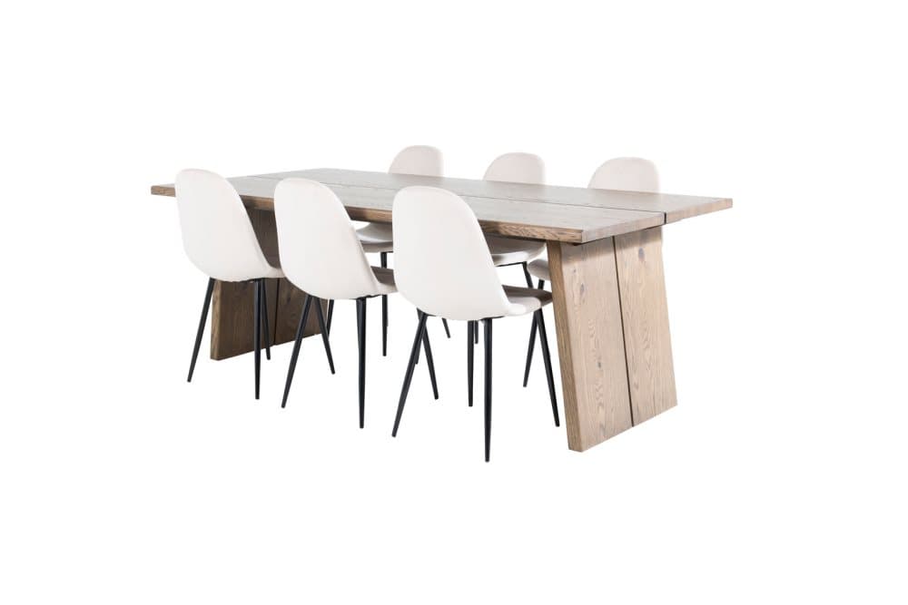 Logger matgrupp matbord utdragbart bord längd cm 210 / 310 rökig ekträd och 6 Polar matstola velour beige.