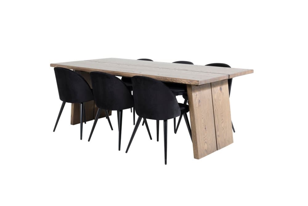 Logger matgrupp matbord utdragbart bord längd cm 210 / 310 rökig ekträd och 6 Velvet matstola velour svart.