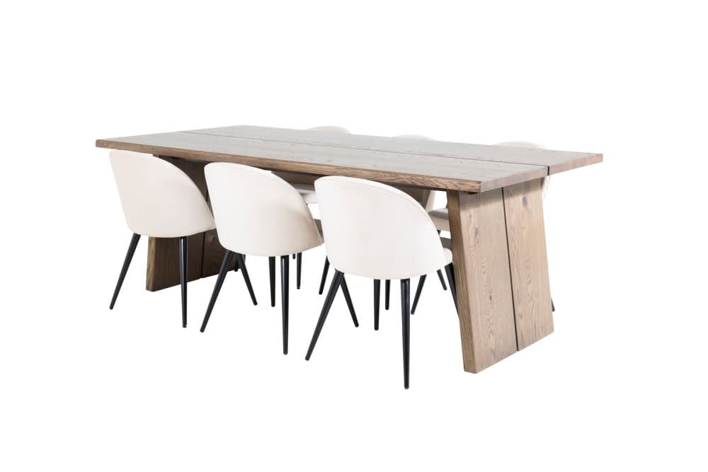 Logger matgrupp matbord utdragbart bord längd cm 210 / 310 rökig ekträd och 6 Velvet matstola velour beige, svart.