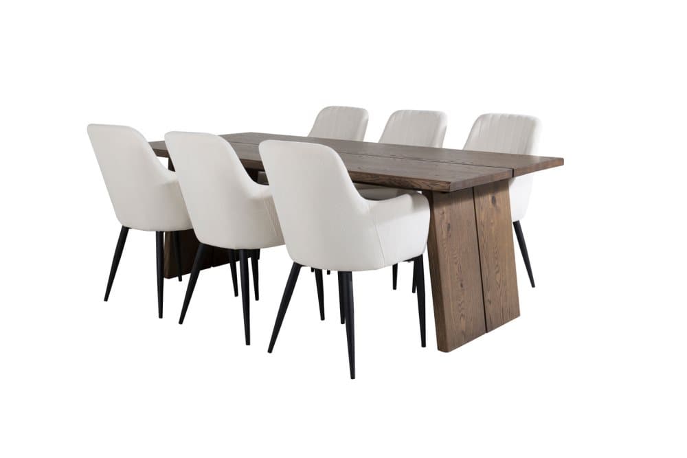 Logger matgrupp matbord utdragbart bord längd cm 210 / 310 rökig ekträd och 6 Comfort matstola sammet beige, svart.