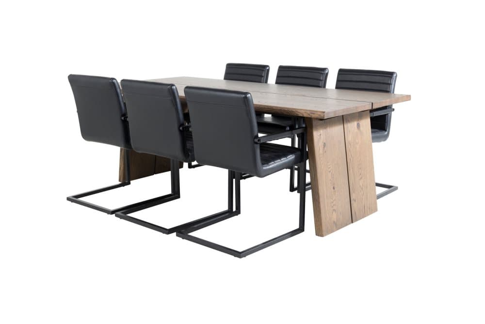 Logger matgrupp matbord utdragbart bord längd cm 210 / 310 rökig ekträd och 6 Art matstola PU konstläder svart.