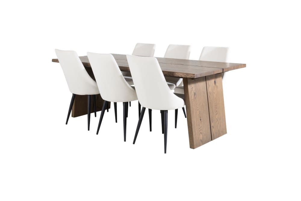 Logger matgrupp matbord utdragbart bord längd cm 210 / 310 rökig ekträd och 6 Leone matstola sammet vit, svart.