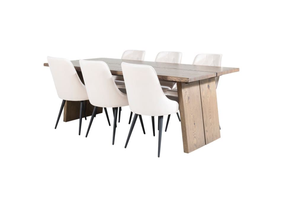 Logger matgrupp matbord utdragbart bord längd cm 210 / 310 rökig ekträd och 6 Velvet Deluxe matstola velour beige, svart.