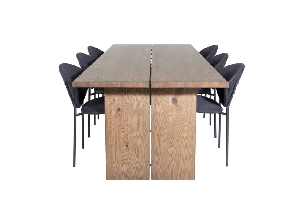 Logger matgrupp matbord utdragbart bord längd cm 210 / 310 rökig ekträd och 6 Vault matstola svart.