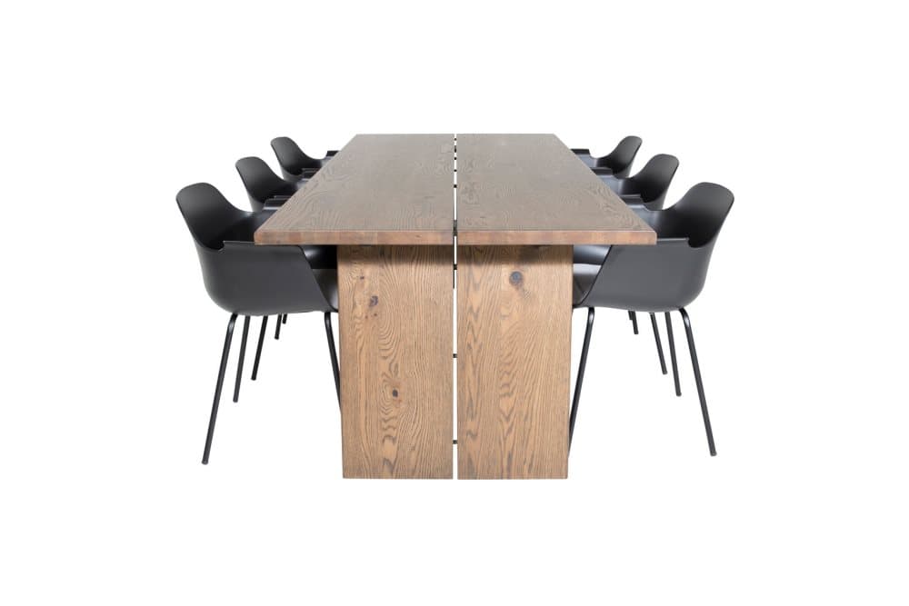 Logger matgrupp matbord utdragbart bord längd cm 210 / 310 rökig ekträd och 6 Comfort matstola svart.