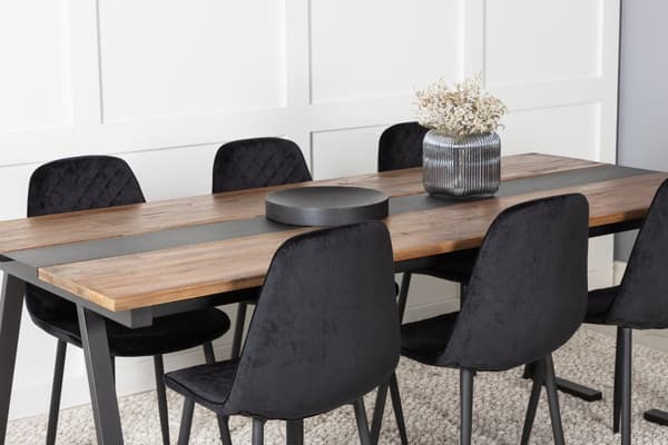 Jakarta matgrupp matbord teak och 6 Polar Diamond matstola velour svart.
