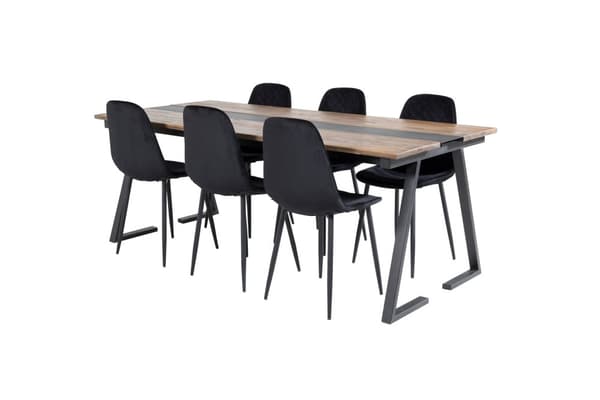 Jakarta matgrupp matbord teak och 6 Polar Diamond matstola velour svart.