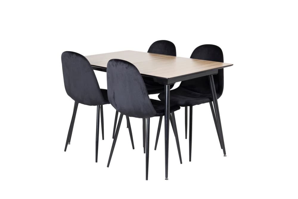 SilarWOExt matgrupp matbord utdragbart bord längd cm 120 / 160 el träd dekor och 4 Polar matstola velour svart.