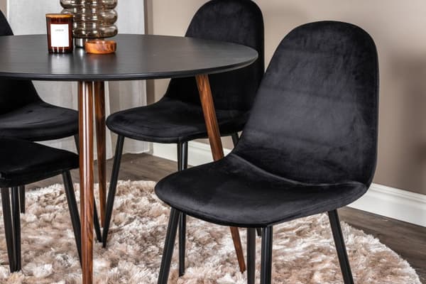 PlazaBLWA100 matgrupp matbord svart och 4 Polar matstola velour svart.
