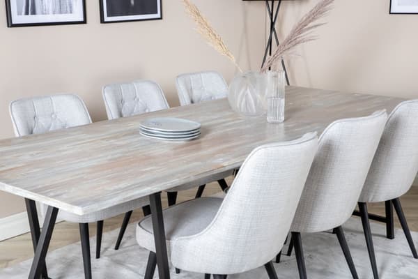 Jepara spisebordssæt spisebord teak og 6 Velvet Deluxe stole lysegrå, sort.
