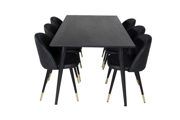 Dipp180x90BLBL spisebordssæt spisebord sort og 6 Velvet stole PU kunstlæder sort.