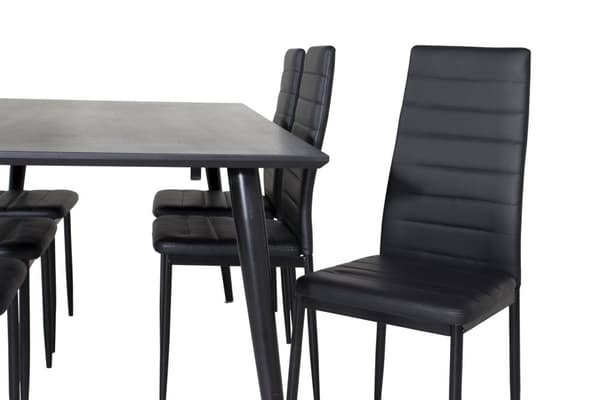Dipp180x90BLBL matgrupp matbord svart och 6 Slim High Back matstola PU konstläder svart.