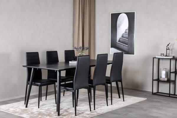 Dipp180x90BLBL matgrupp matbord svart och 6 Slim High Back matstola PU konstläder svart.