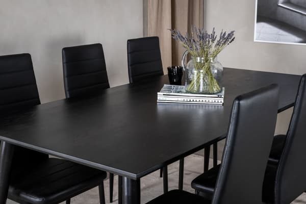Dipp180x90BLBL matgrupp matbord svart och 6 Slim High Back matstola PU konstläder svart.