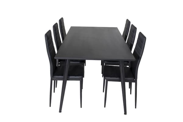 Dipp180x90BLBL matgrupp matbord svart och 6 Slim High Back matstola PU konstläder svart.