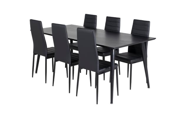 Dipp180x90BLBL matgrupp matbord svart och 6 Slim High Back matstola PU konstläder svart.