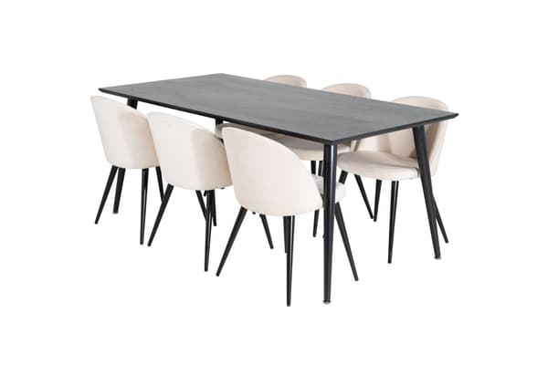 Dipp180x90BLBL spisebordssæt spisebord sort og 6 Velvet stole velour beige, sort.