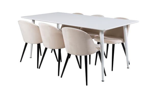 Polar180X90WHWH spisebordssæt spisebord hvid og 6 Velvet stole velour beige, sort.