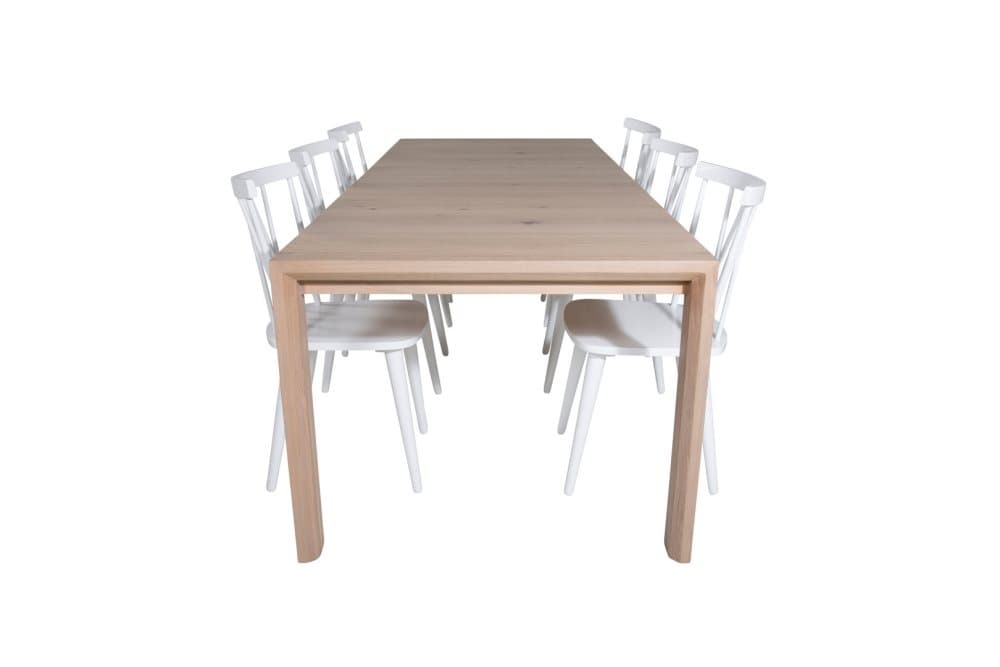 SliderWW matgrupp matbord utdragbart bord längd cm 170 / 250 ekträd vit washeded och 6 Mariannelund matstola vit.