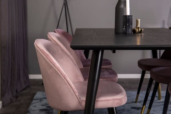 Dipp180x90BLBR matgrupp matbord svart och 6 Velvet matstola velour rosa, svart, mässing dekor.